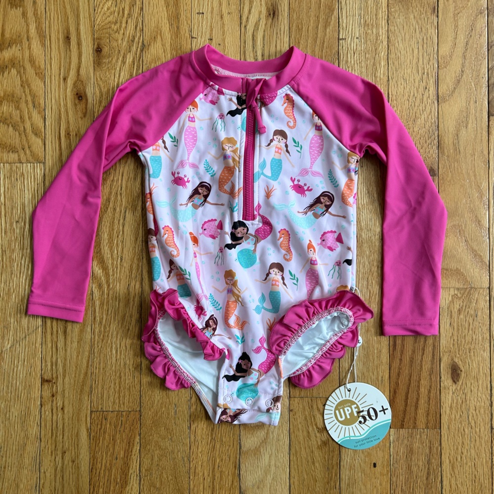 Caden Lane Long Sleeve Rash Guard with Ruffle Bottom- Mermaid